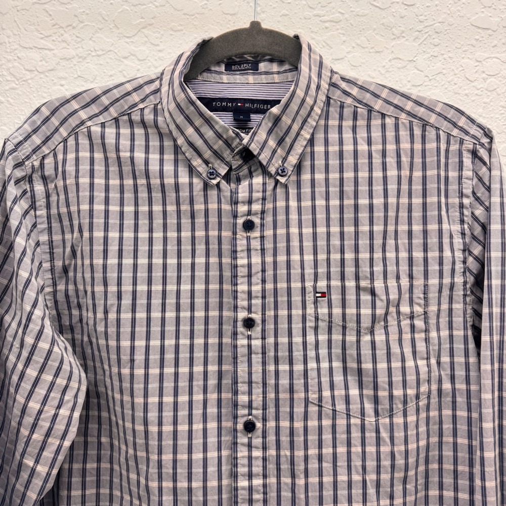 Tommy Hilfiger Mens Blue White Plaid‎ 80s 2Ply Cotton Custom Fit M C887892024